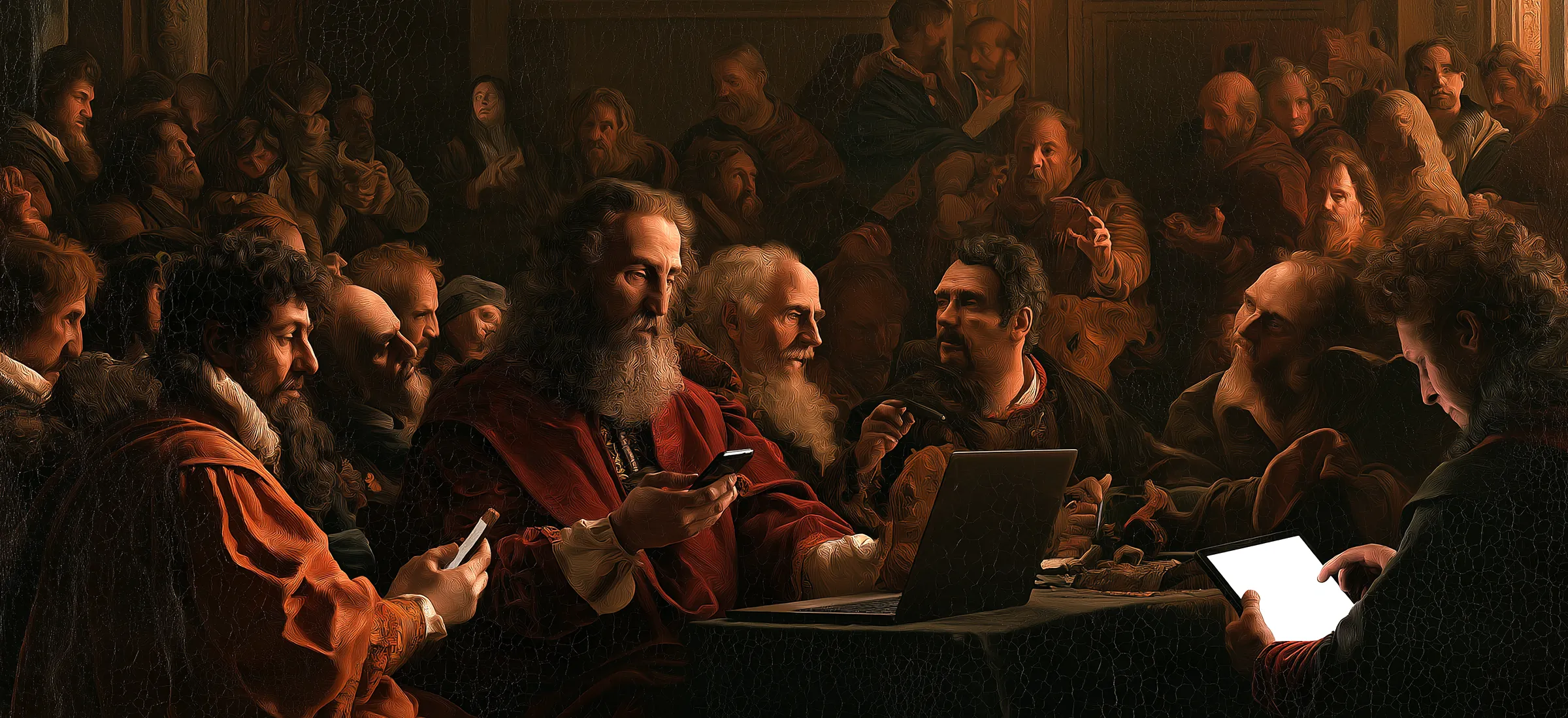 A Renaissance-style painting of scholars around a table, holding smartphones, a laptop and a tablet