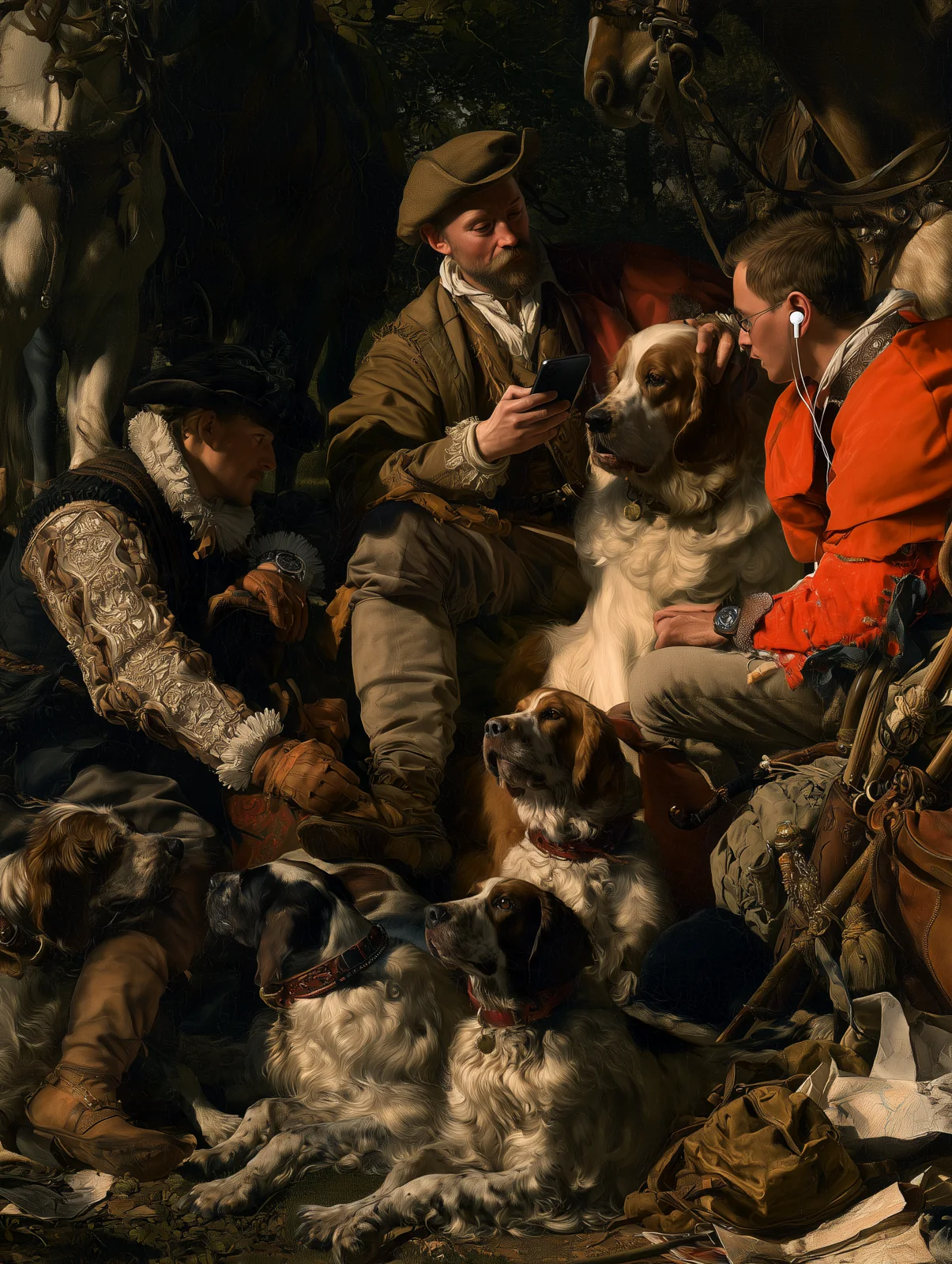 A Renaissance-style painting of a hunting party resting with their dogs, one man reading a phone and another wearing earbuds