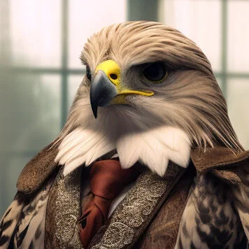 Ellis Nakamura’s author portrait: a hawk in an embroidered coat and tie