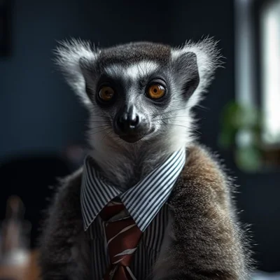 Mitchell Johnson’s author portrait: a ring-tailed lemur in a striped shirt and tie