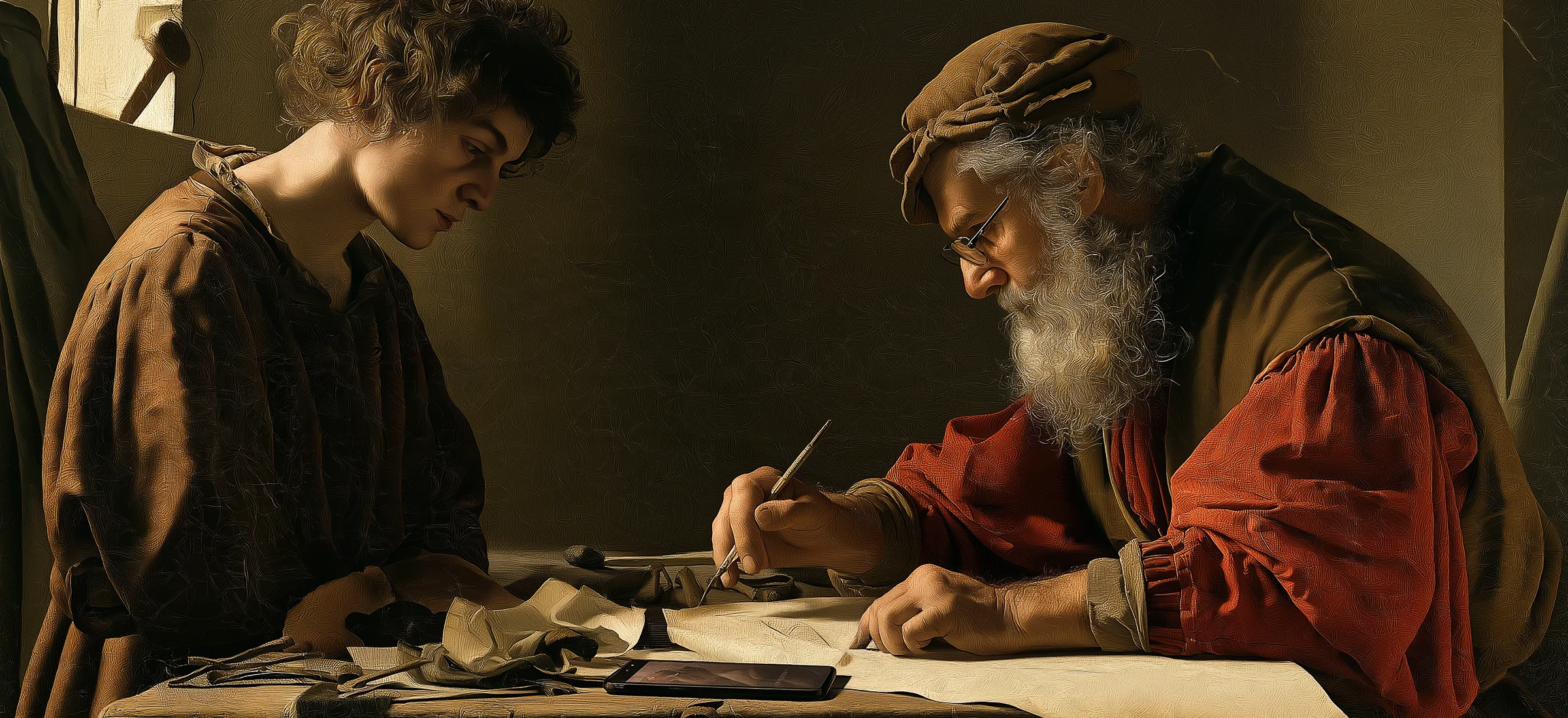 A Renaissance-style painting of a master and an apprentice at a workbench, drawing beside a tablet
