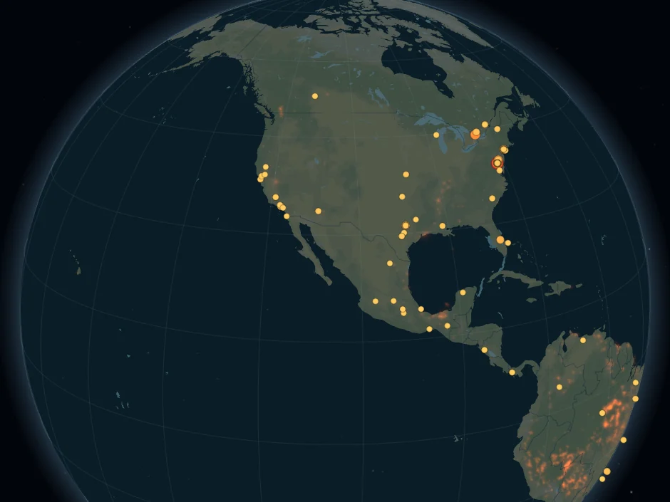Bluedot: a 3D globe with the day's news plotted as glowing points across the Americas