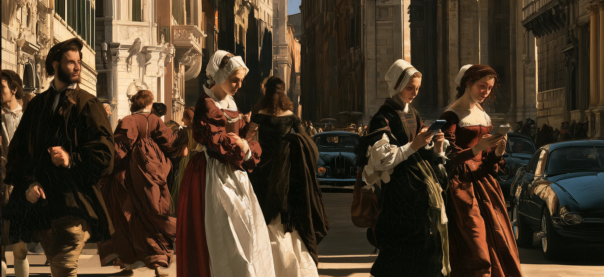A Renaissance-style painting of a city street, people in period dress walking past vintage cars, two women reading their phones