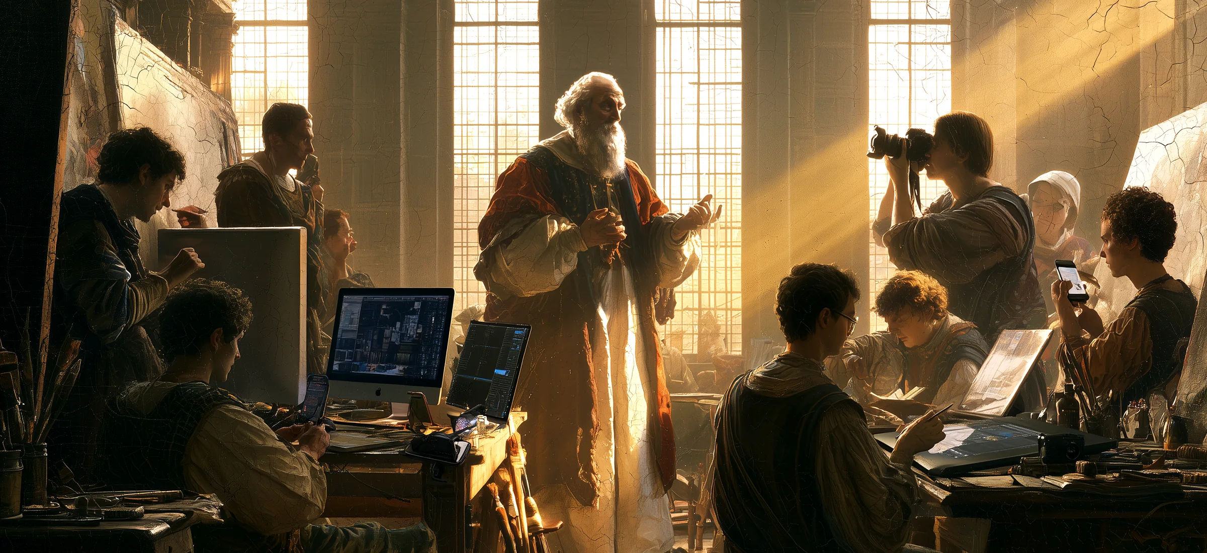 A Renaissance-style painting of a sunlit studio, a master at its centre while designers work at computers and tablets and a photographer shoots