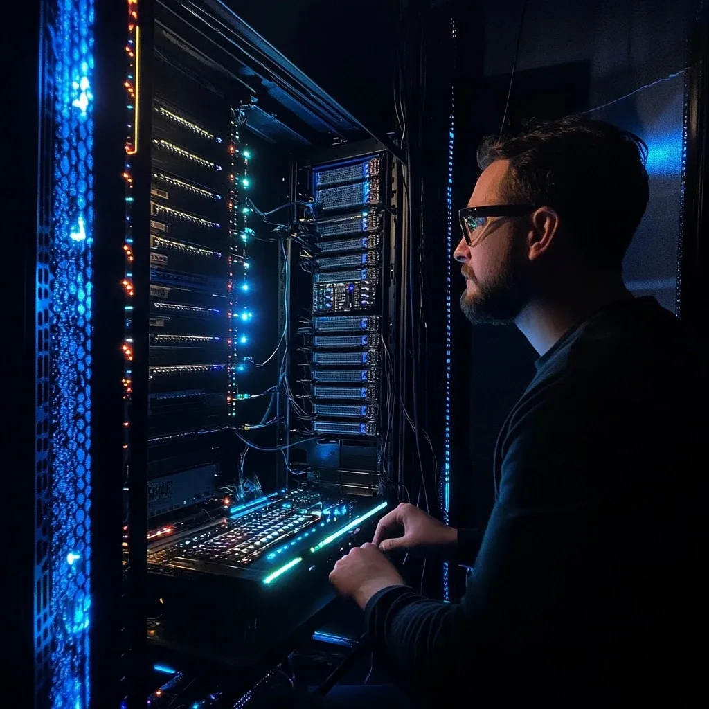 An engineer working at a lit server rack
