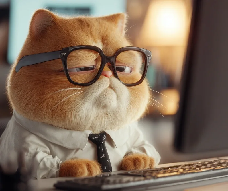 A cat in glasses and a tie working at a keyboard