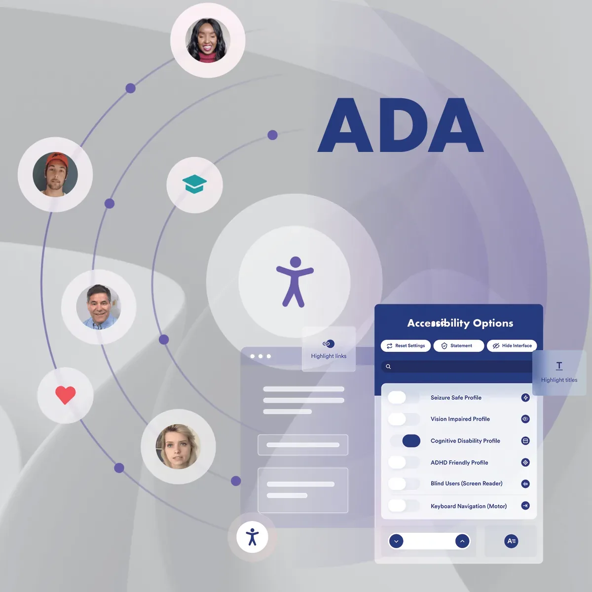 Illustration of an accessibility options panel ringed by portraits of different users