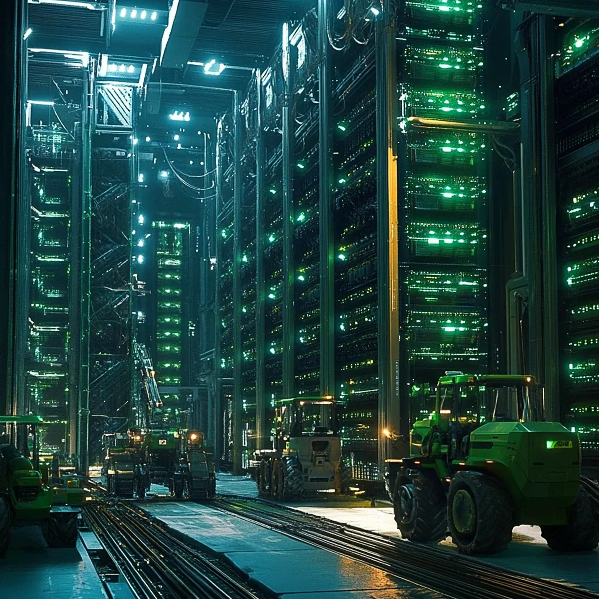 Tractors driving between rows of lit server racks