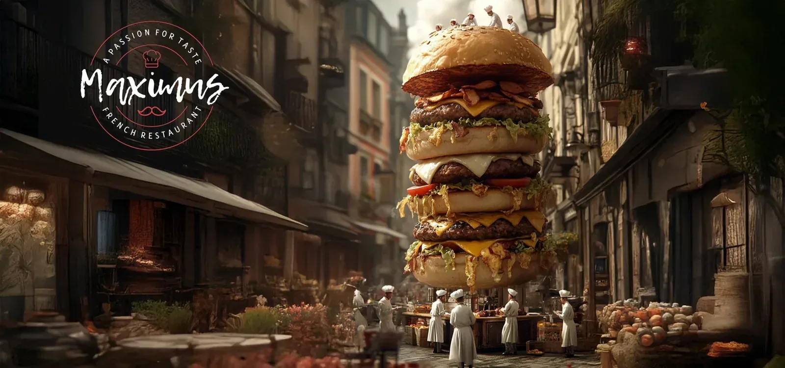 Maximus restaurant campaign visual: an oversized burger towering over a street scene