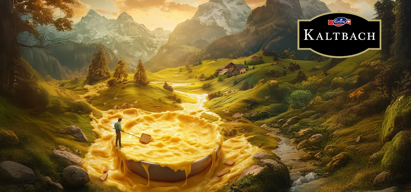 Kaltbach campaign visual: a wheel of cheese in a golden alpine valley