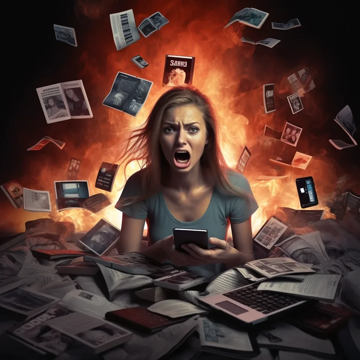 A woman shouting as papers and phones fly around her in flames