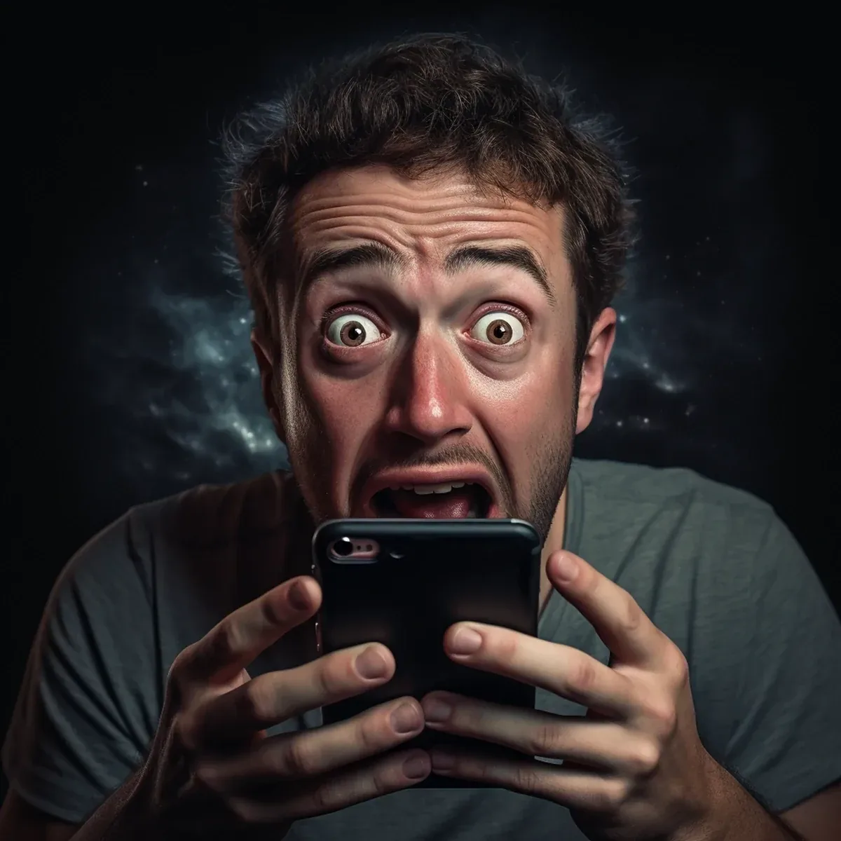 A wide-eyed man staring at his phone