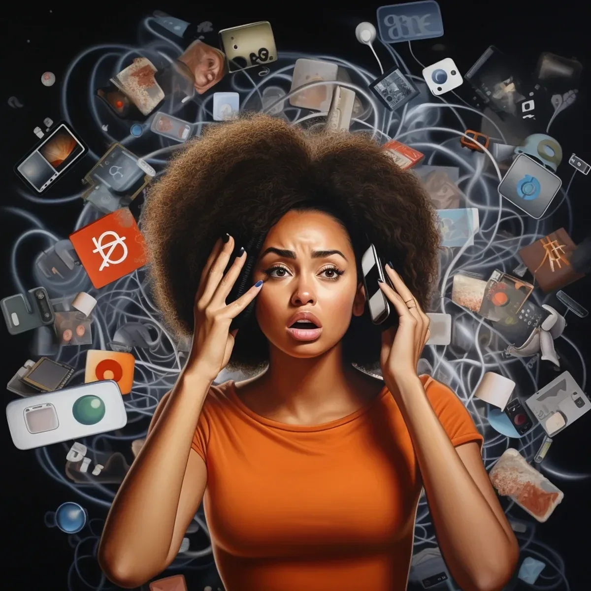 A stressed woman surrounded by tangled app icons and cables