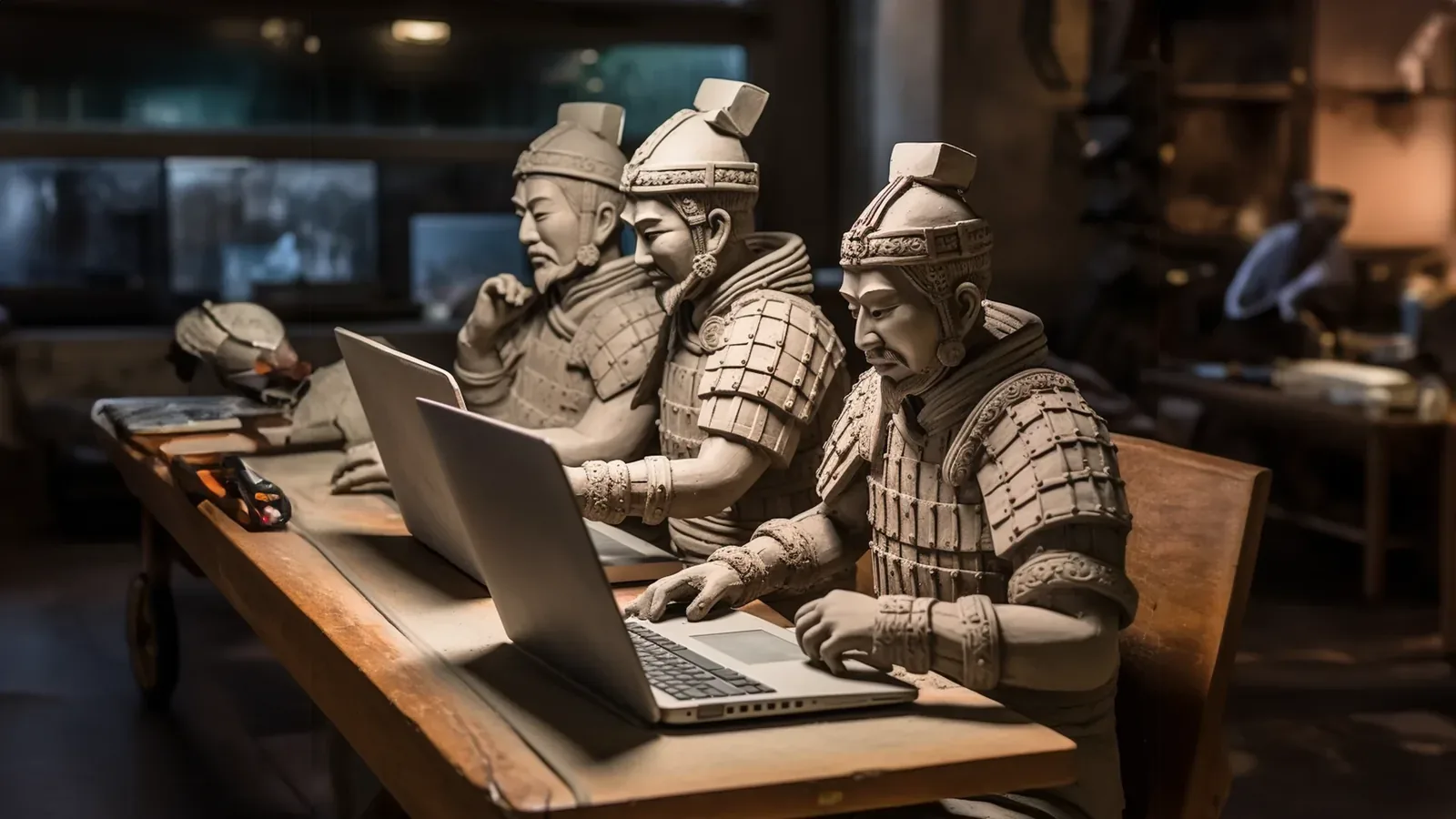 Terracotta warrior statues working at laptops