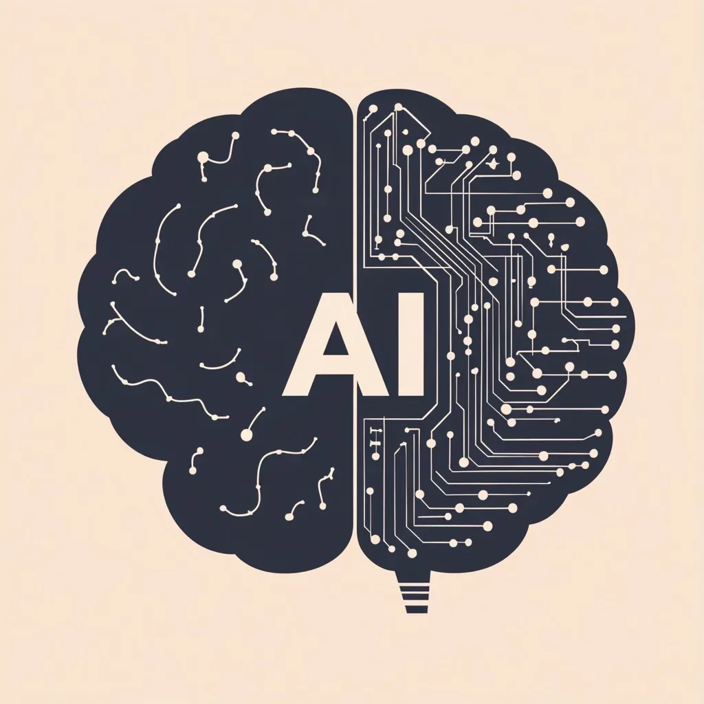 A brain drawn half as anatomy and half as circuit board, lettered AI