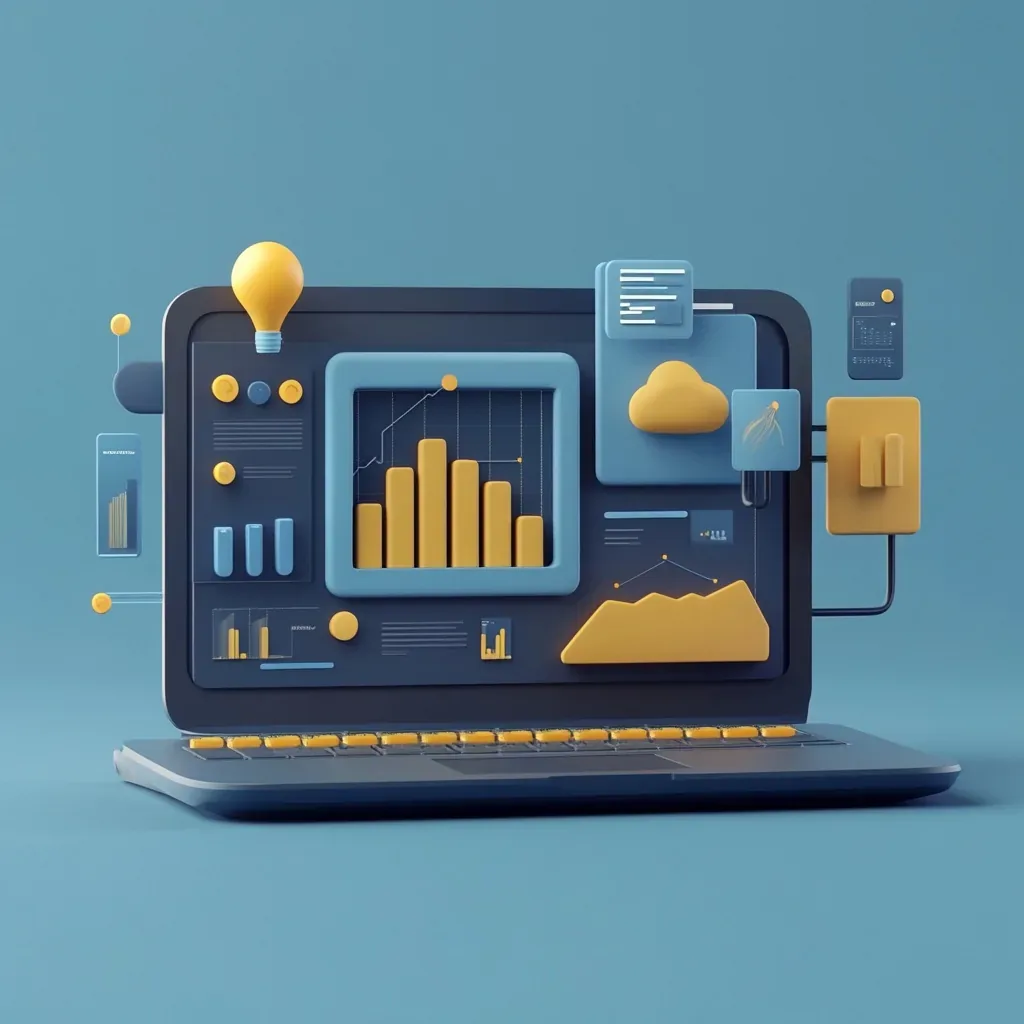 Illustration of a laptop showing dashboards and charts