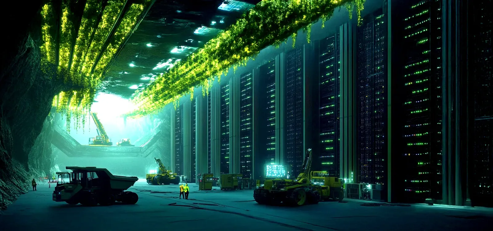 A data centre corridor lit green, with a truck driving between the racks