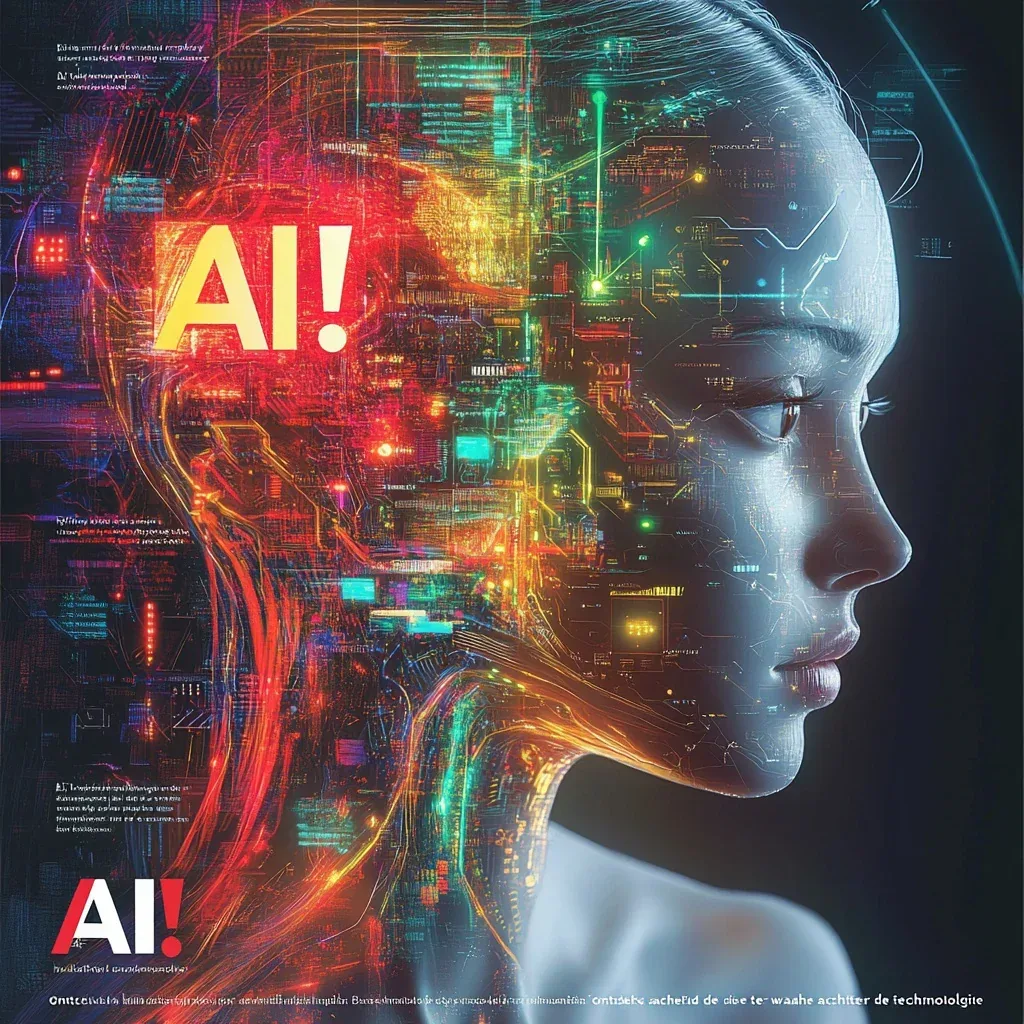 Poster of a face rendered half in circuitry and light, captioned AI
