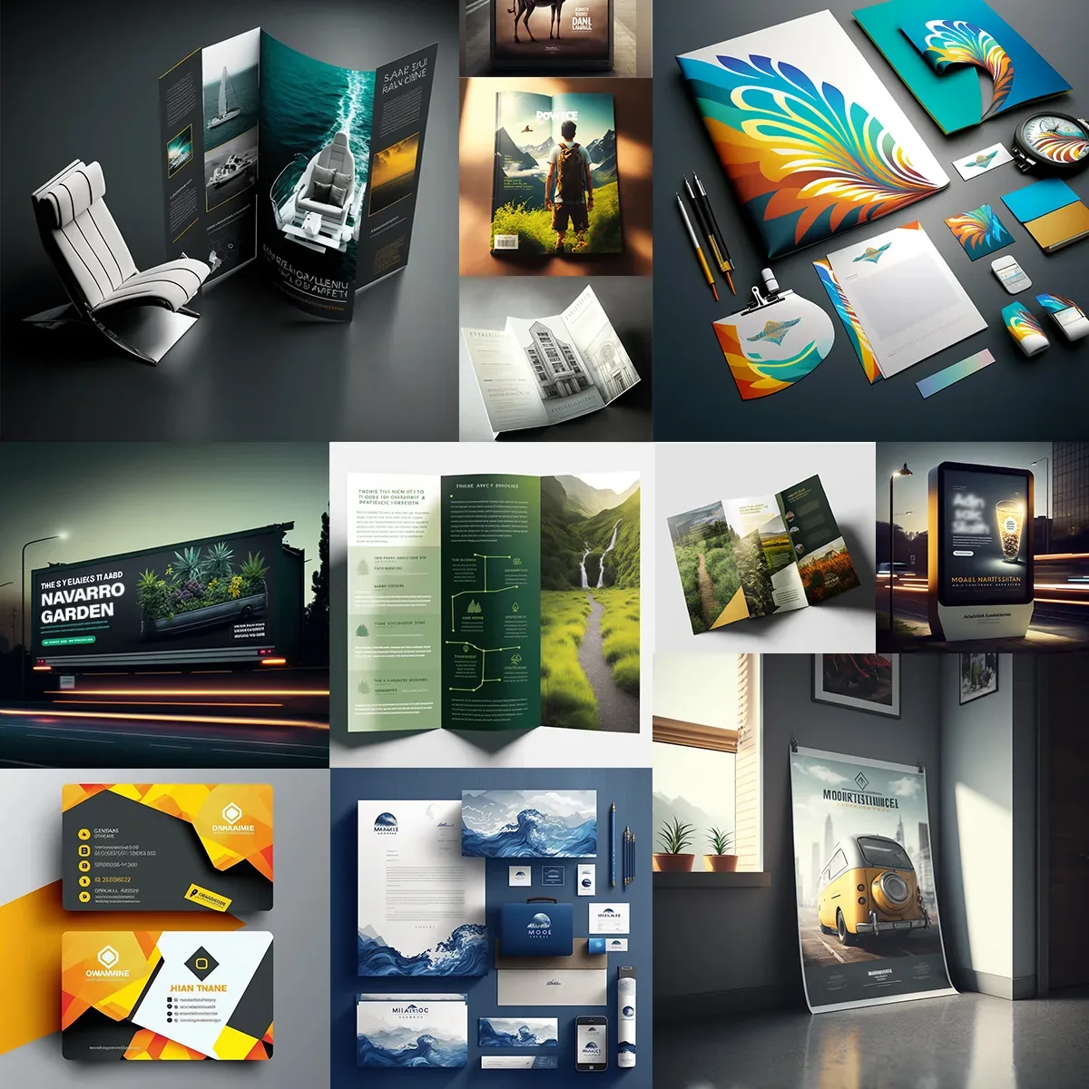 A grid of brochures, stationery, business cards, posters and billboards
