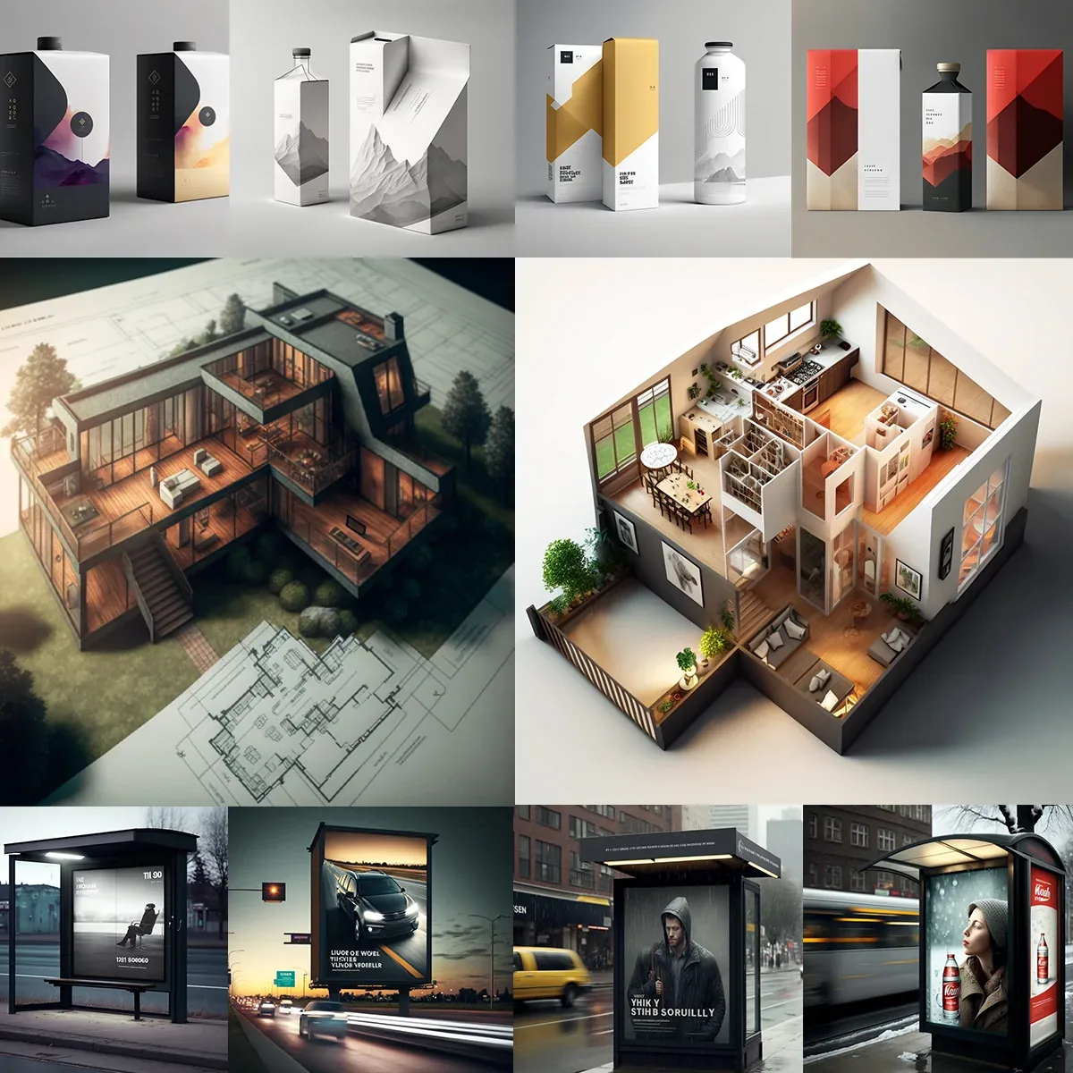Packaging mockups, 3D architectural renders and outdoor poster displays