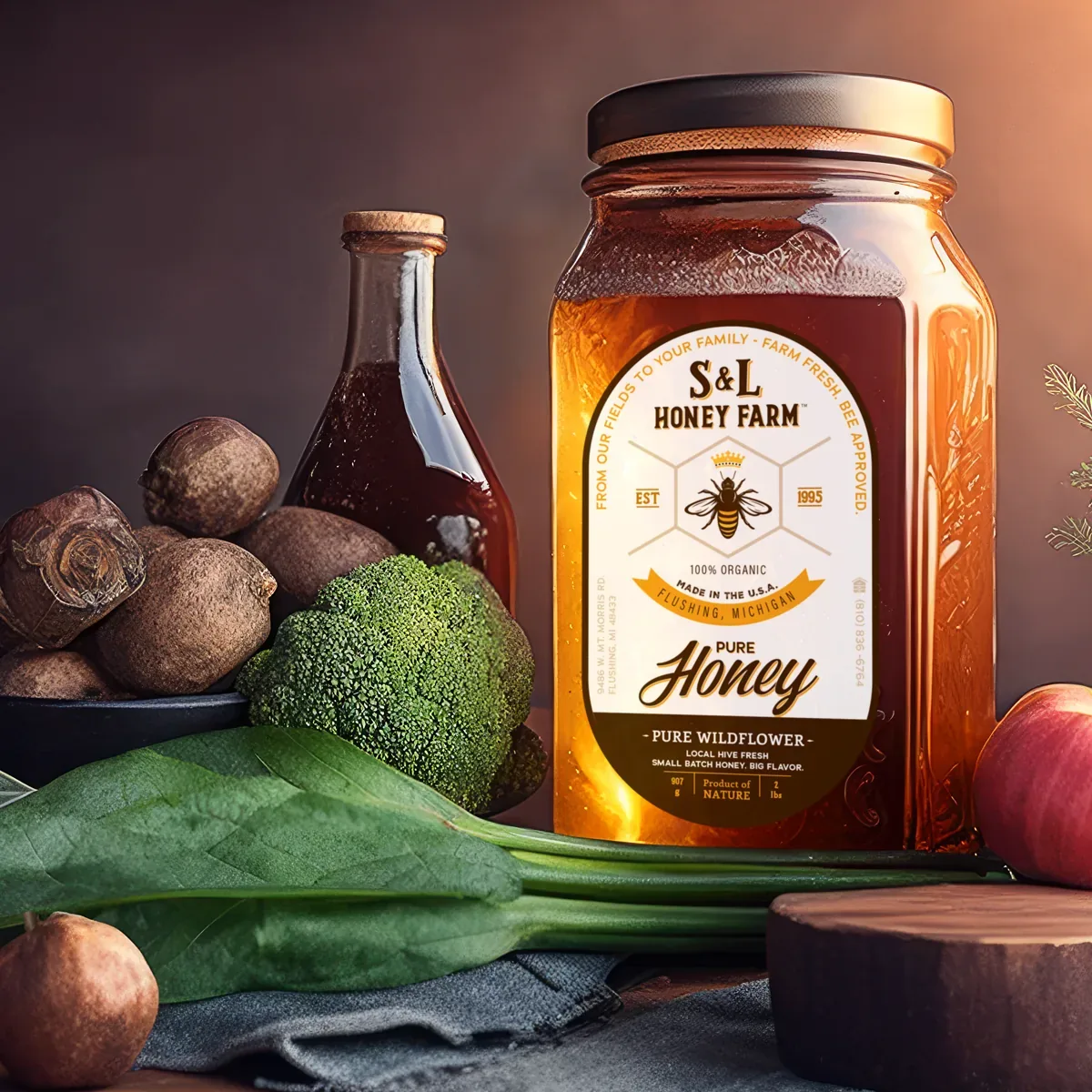 Jars of S & L Honey Farm wildflower honey on a dark table with vegetables and a bottle of syrup