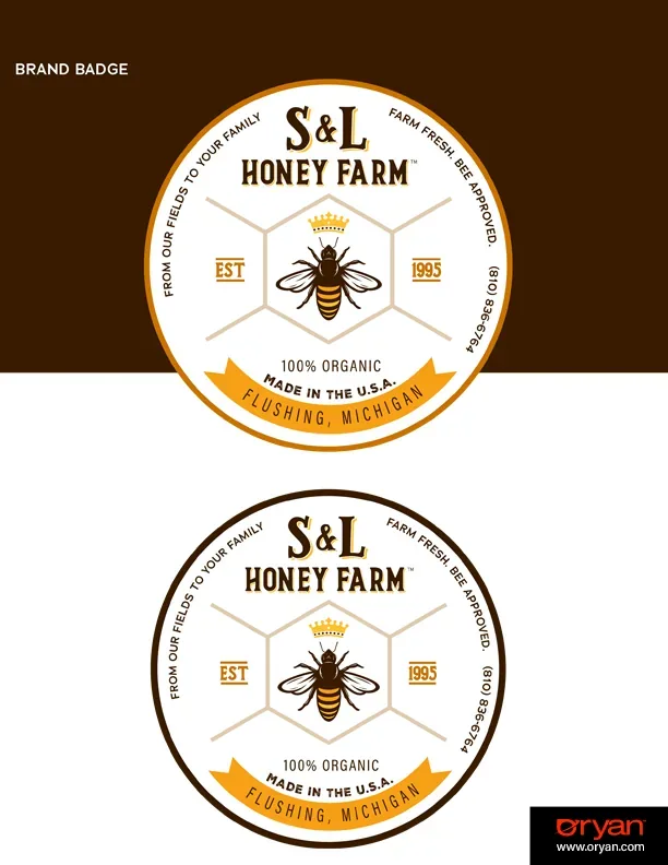 S&L Honey Farm brand badge on dark and light grounds