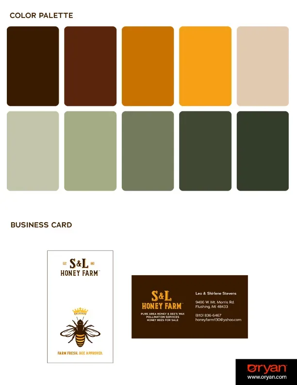 Brand sheet: the ten-swatch palette above the business card