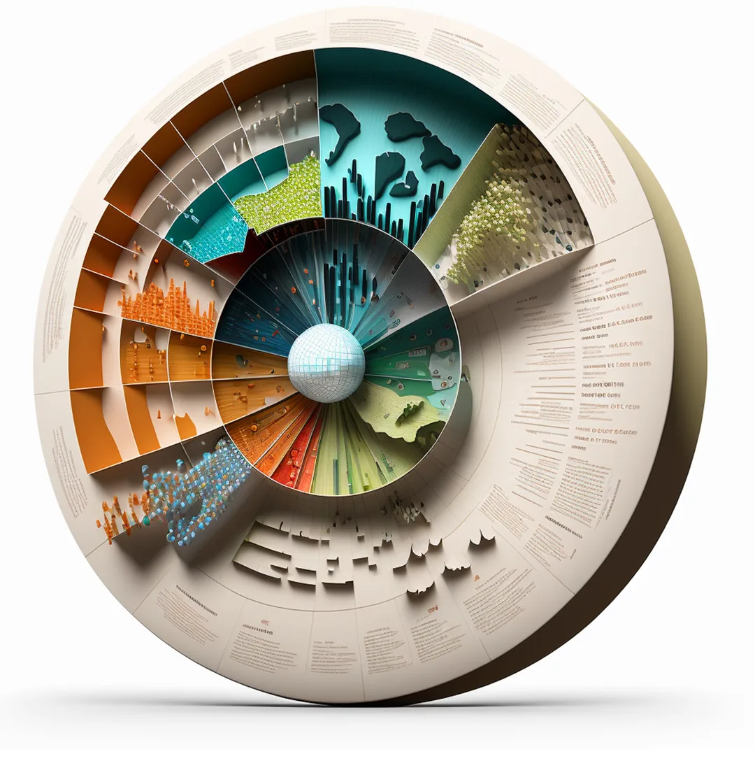 A circular infographic of layered charts, maps and figures