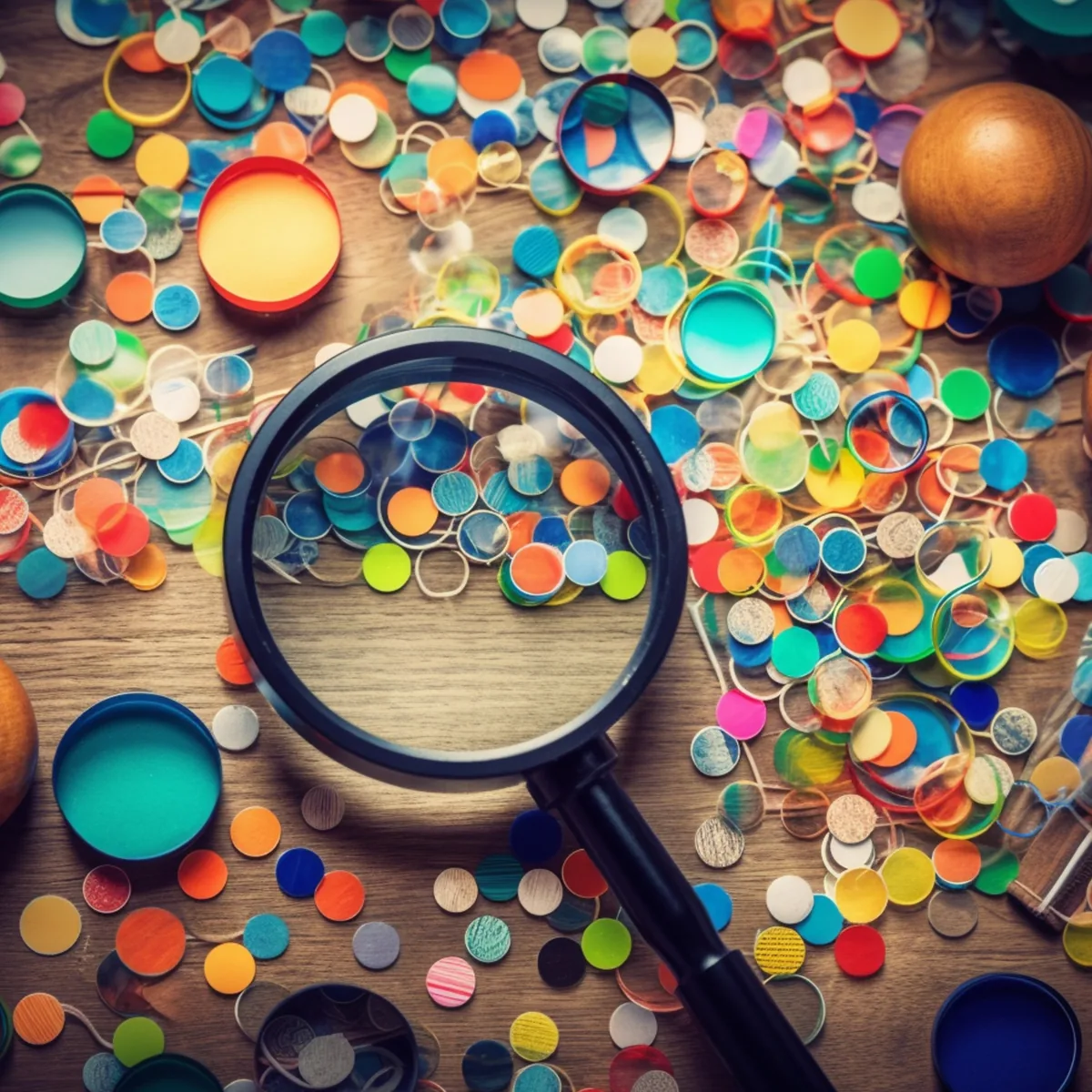 A magnifying glass over a table of colourful paint caps