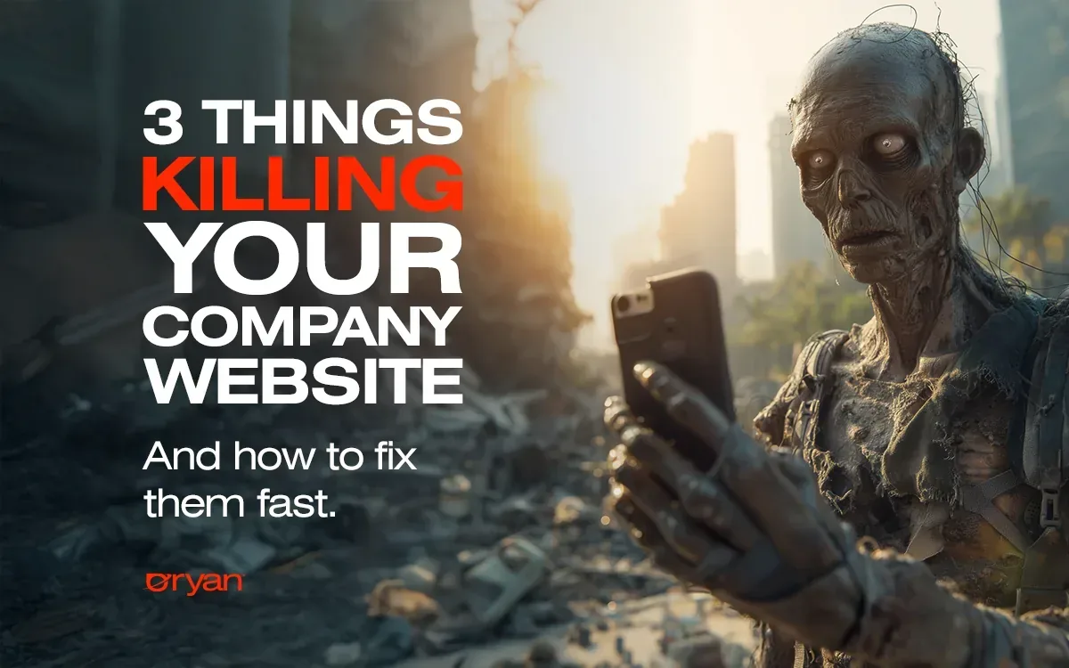 Article cover: a figure staring at a phone in a ruined city, lettered 3 Things Killing Your Company Website