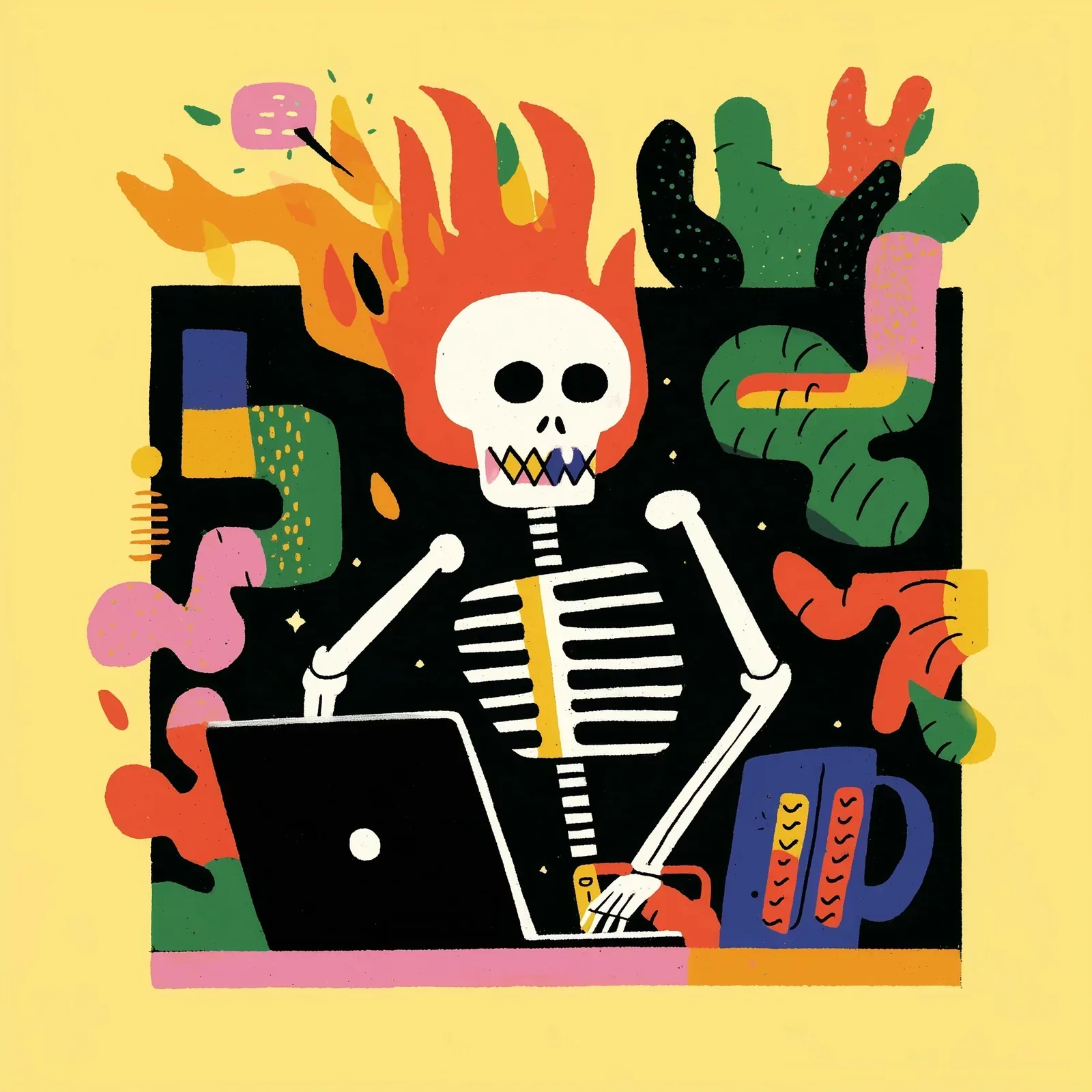Flat illustration of a skeleton slumped over a laptop on a yellow ground