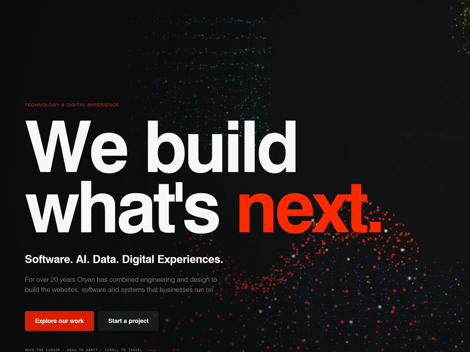 The new oryan.com homepage, its headline over a live three-dimensional scene
