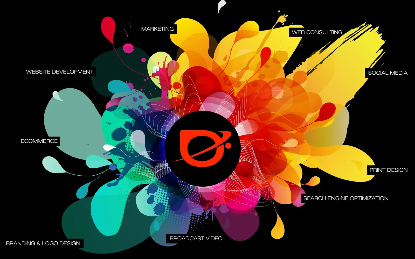 Oryan’s services around a colourful paint burst: website development, marketing, SEO, social media and more