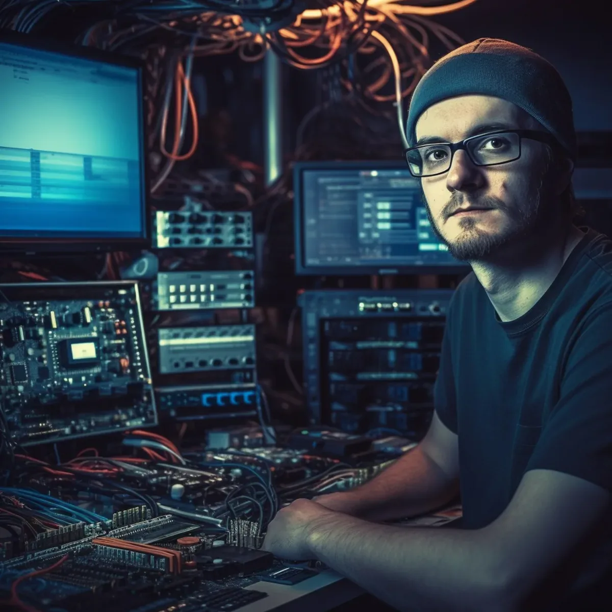 A developer in glasses at a bank of screens and wiring