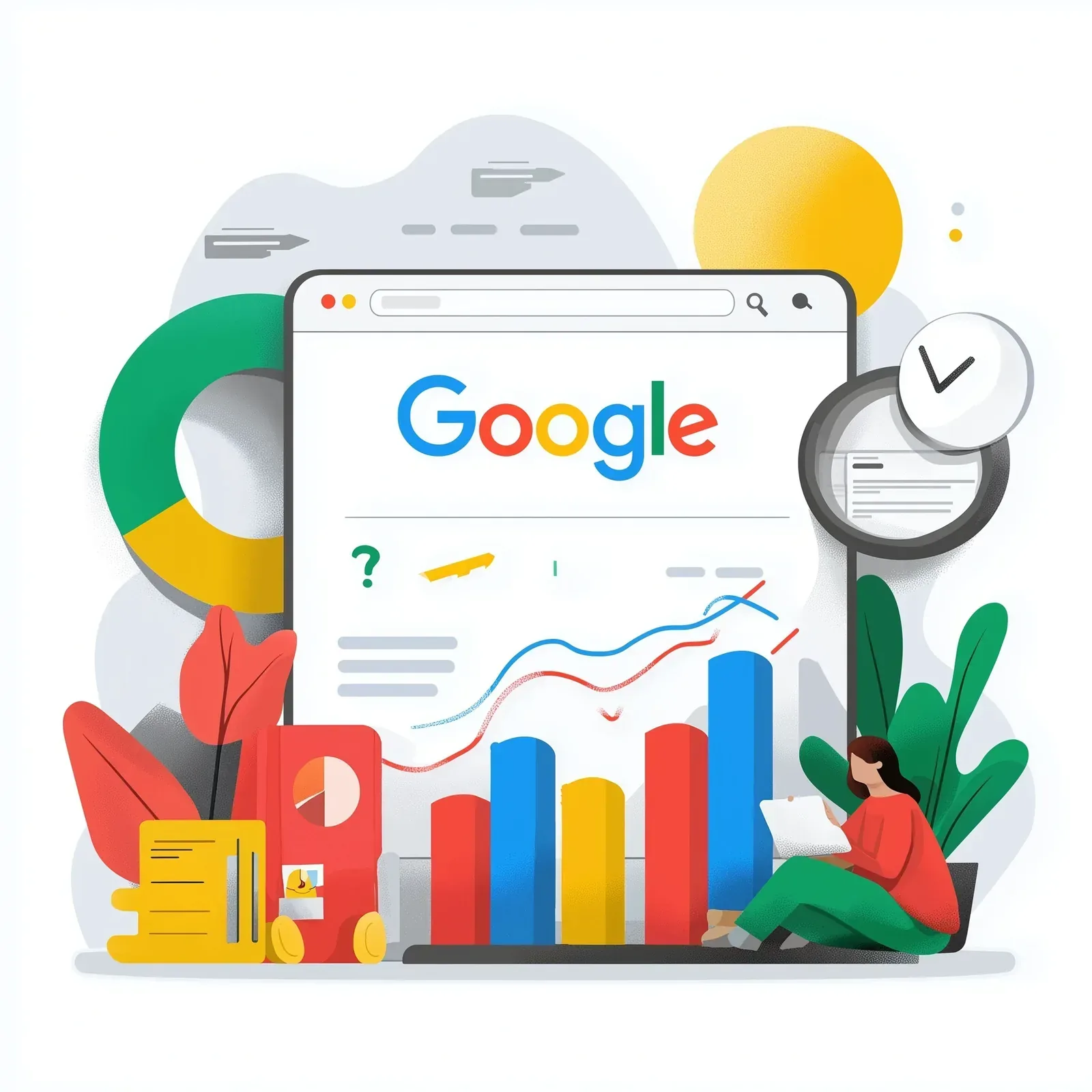 Illustration of a Google results page surrounded by charts, a clock and a search field