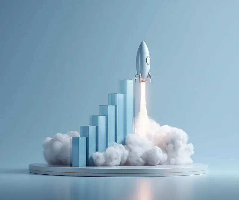A rocket lifting off from a rising bar chart