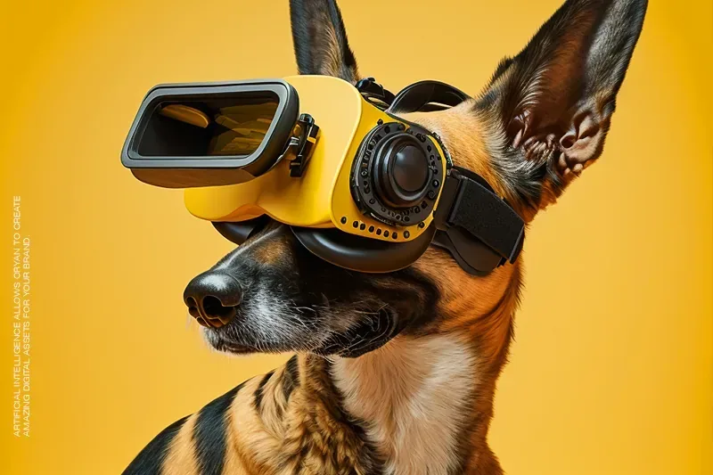 A dog wearing video goggles against a yellow ground