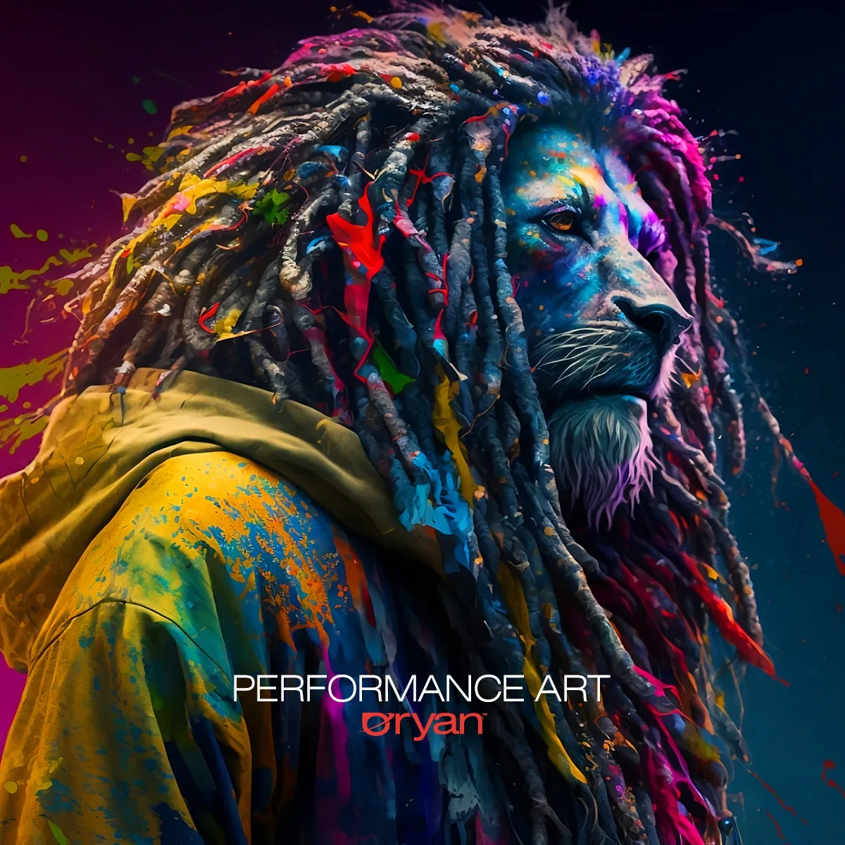 A lion with colourful dreadlocks, captioned Performance Art