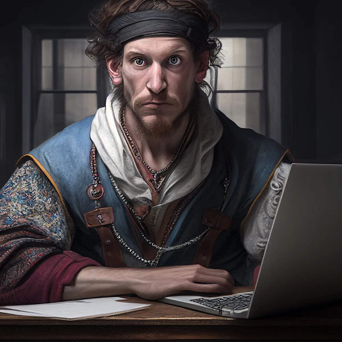 A weary-looking man in a headband working at a laptop