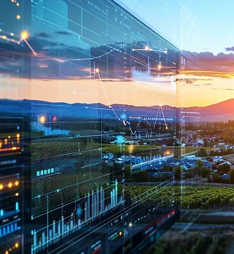 A glass wall of charts reflecting a town and farmland at dusk