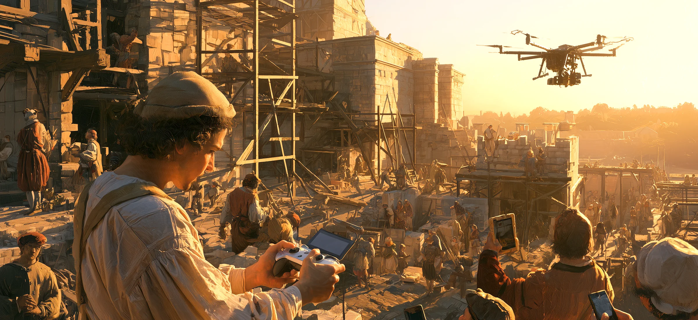 A Renaissance-style painting of a city under construction at sunset, a young man flying a drone with a controller while builders work on scaffolding