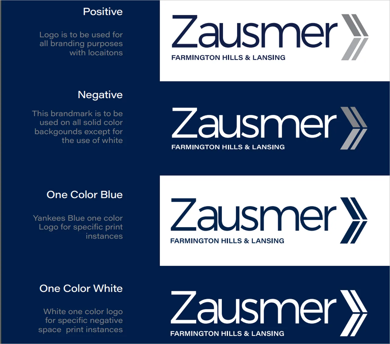 The Zausmer logo on positive, negative, one-colour and one-colour white grounds